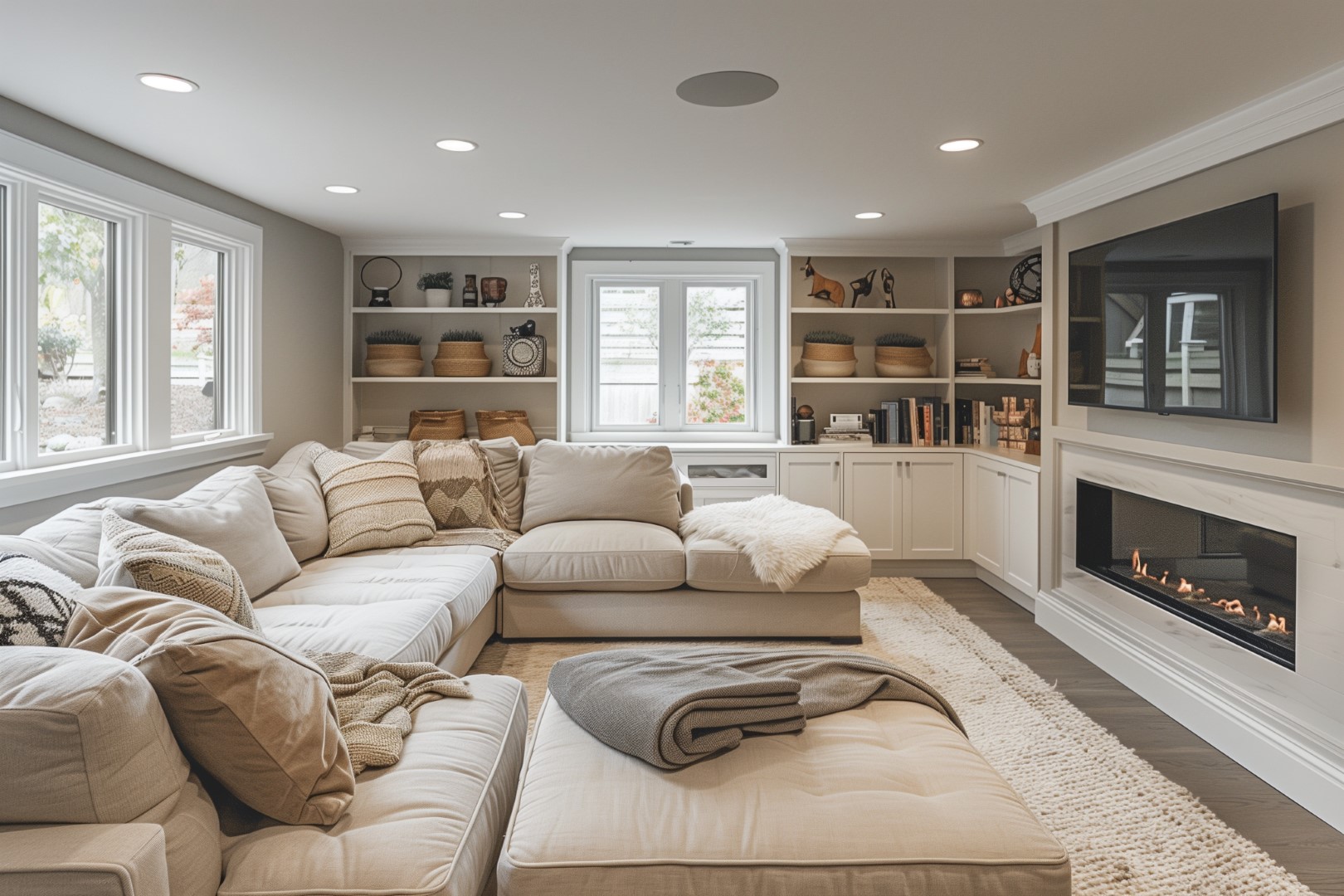 Remodeled basement in Denver area home with egress windows